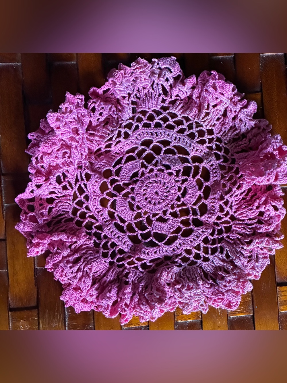 Vintage Handmade Ruffled Crochet Doily 8.5" Bright Pink Table Mat Accent